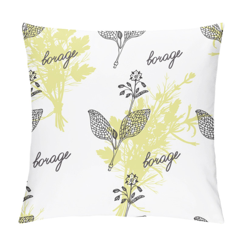 Personality  Hand drawn borage branch, flowers and handwritten sign. Spicy herbs seamless pattern. Doodle kitchen background pillow covers