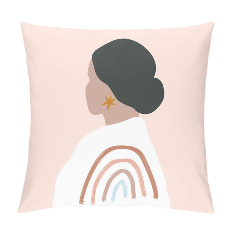 Personality  Modern Boho Pastel Terracotta Collage Line Drawing Mulatto Woman With Earring Face Hairstyle Fashion Beauty Minimalist Vector Illustration Modern Abstract Graphics Print pillow covers