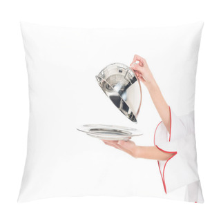 Personality  Cropped Shot Of Chef Holding Empty Serving Tray With Dome In Hands Isolated On White Pillow Covers