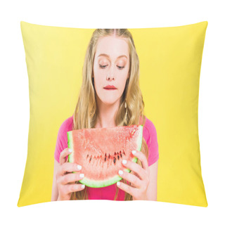 Personality  Beautiful Girl Biting Lip And Posing With Pineapple Isolated On Yellow Pillow Covers