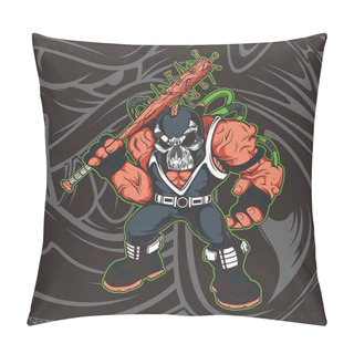 Personality  Cartoon Skull Holding A Baseball Bat Hand Drawing Vector Pillow Covers