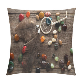 Personality  Top View Of Shamanic Dreamcatcher On Fortune Telling Stones On Wooden Surface Pillow Covers