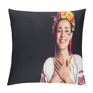 Personality  Happy Brunette Young Woman In National Ukrainian Costume Isolated On Black Pillow Covers