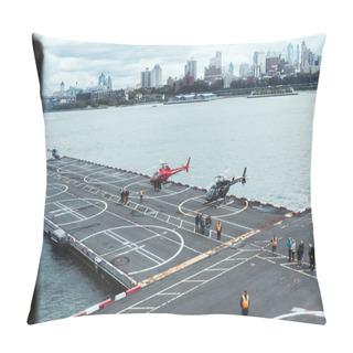 Personality  NEW YORK, USA - OCTOBER 8, 2018: People On Helicopter Pad With New York City On Background, Usa Pillow Covers