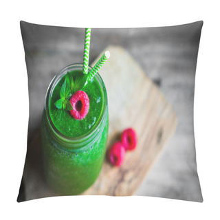 Personality  Fresh Green Smoothie On Rustic Wooden Background Pillow Covers