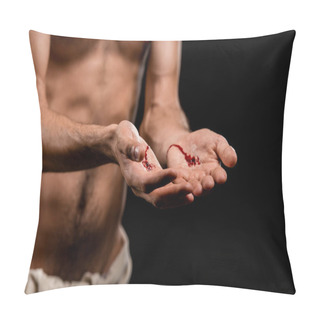 Personality  Selective Focus Of Jesus With Bloody Hands Isolated On Black  Pillow Covers