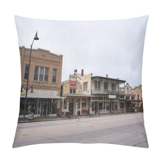 Personality  Fredericksburg, Texas - February 22, 2024:  Street Scene From Hill Country Town, Fredericksburg Texas With Historic Buildings In View.  Pillow Covers