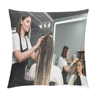 Personality  Beauty, Hair Industry, Tattooed Beauty Worker Styling Hair Of Woman With Braids, Customer Satisfaction, Hairstyle, Mirror, Hair Buns, Braided Hair, Beauty Salon, Hair Fashion  Pillow Covers