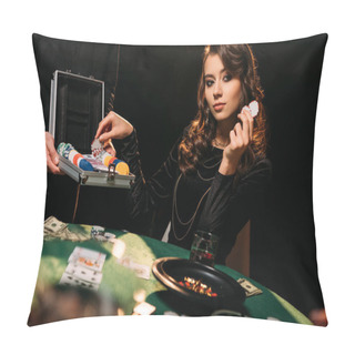 Personality  Attractive Girl Taking Poker Chips From Box At Table In Casino, Looking Away Pillow Covers