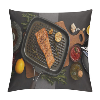 Personality  Top View Of Arranged Grilled Salmon Steak On Wooden Cutting Board, Sauce, Ingredients And Cutlery On Black Tabletop Pillow Covers