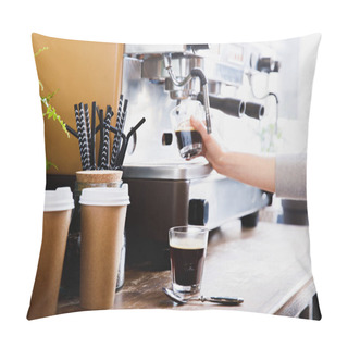 Personality  Close-up View Of Barista Preparing Coffee On Modern Espresso Machine Pillow Covers
