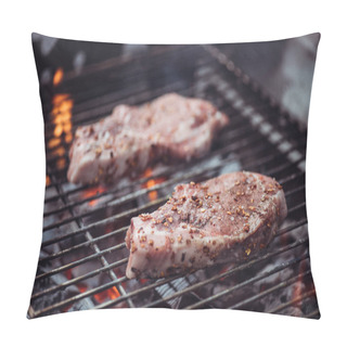 Personality  Selective Focus Of Juicy Raw Steaks Grilling On Barbecue Grid Pillow Covers