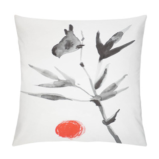 Personality  Japanese Painting With Branch, Birds And Sun On White Background Pillow Covers