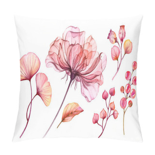 Personality  Watercolor Transparent Floral Rose Set Isolated On White Collection Of Berries, Leaves, Branches Bundle In Pastel Pink, Green Orange Red Coral Botanical Illustration Wedding Design Elements Pillow Covers