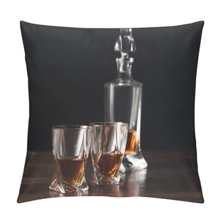 Personality  Close-up View Of Glasses And Bottle Of Whisky On Dark Wooden Table Isolated On Black   Pillow Covers