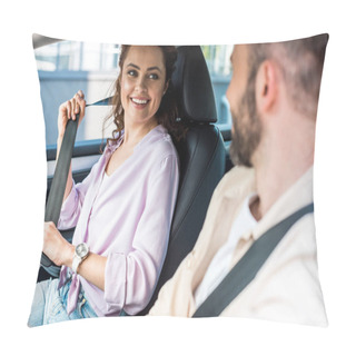 Personality  Selective Focus Of Attractive And Cheerful Woman Holding Seat Belt And Looking At Man In Car  Pillow Covers