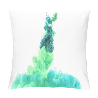 Personality  Close Up View Of Green And Blue Paint Splashes Isolated On White Pillow Covers