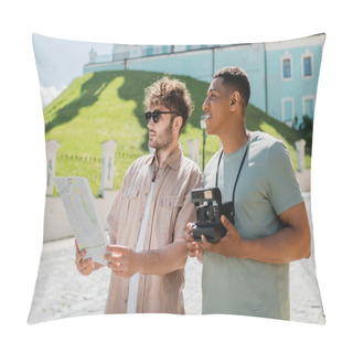 Personality  Tour Guide In Sunglasses Looking At Map Near African American Traveler With Vintage Camera On Andrews Descent In Kyiv  Pillow Covers