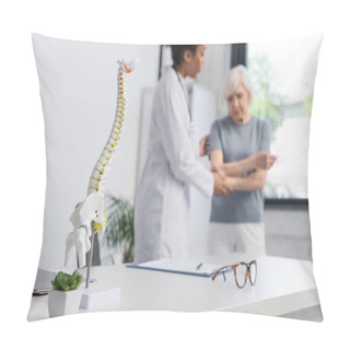 Personality  Medical Model Of Spine Near Interracial Doctor And Patient On Blurred Background  Pillow Covers