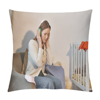 Personality  Depressed Woman Trying To Relax By Listening Music In Headphones In Dark Nursery Room At Home Pillow Covers