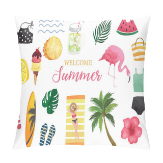 Personality  Summer Watercolor Collection With Watermelon,lemon,flamingo And Ice Creame.Vector Illustration For Icon,logo,sticker,printable,postcard And Invitation Pillow Covers