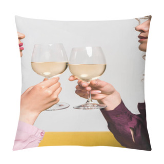 Personality  Cropped View Of Young Women Clinking Champagne Glasses On White  Pillow Covers