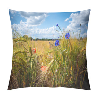 Personality  In Front Of A Brown Cornfield There Are Blue Cornflowers And Red Poppies And The Blue Sky Is Full Of White Clouds Pillow Covers