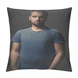 Personality  Young Strong Slim Man In T-shirt Posing On Gray Background. Pillow Covers