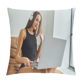 Personality  Happy Freelancer Using Laptop And Having Video Call While Sitting On Bean Bag Chair, Waving Hand Pillow Covers