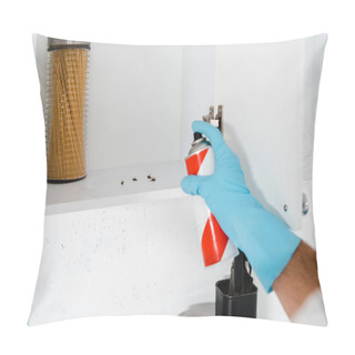 Personality  Cropped View Of Exterminator In Latex Glove Holding Spray Can Near Kitchen Cabinet With Insects  Pillow Covers
