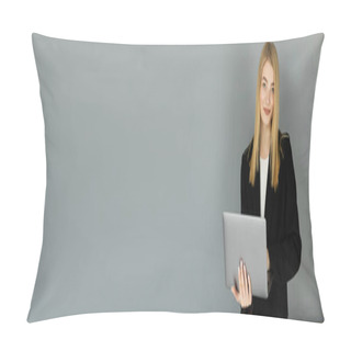 Personality  Positive Coach With Laptop Looking At Camera Near Grey Wall, Banner  Pillow Covers