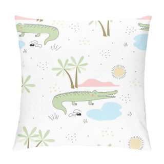 Personality  Cute Hand Drawn Seamless Pattern With Funny Crocodiles. Pillow Covers