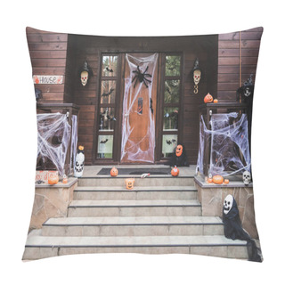 Personality  Entrance Of Cottage Decorated With Carved Pumpkins, Spider Net, Toy Spiders And Paper Cut Bats Pillow Covers
