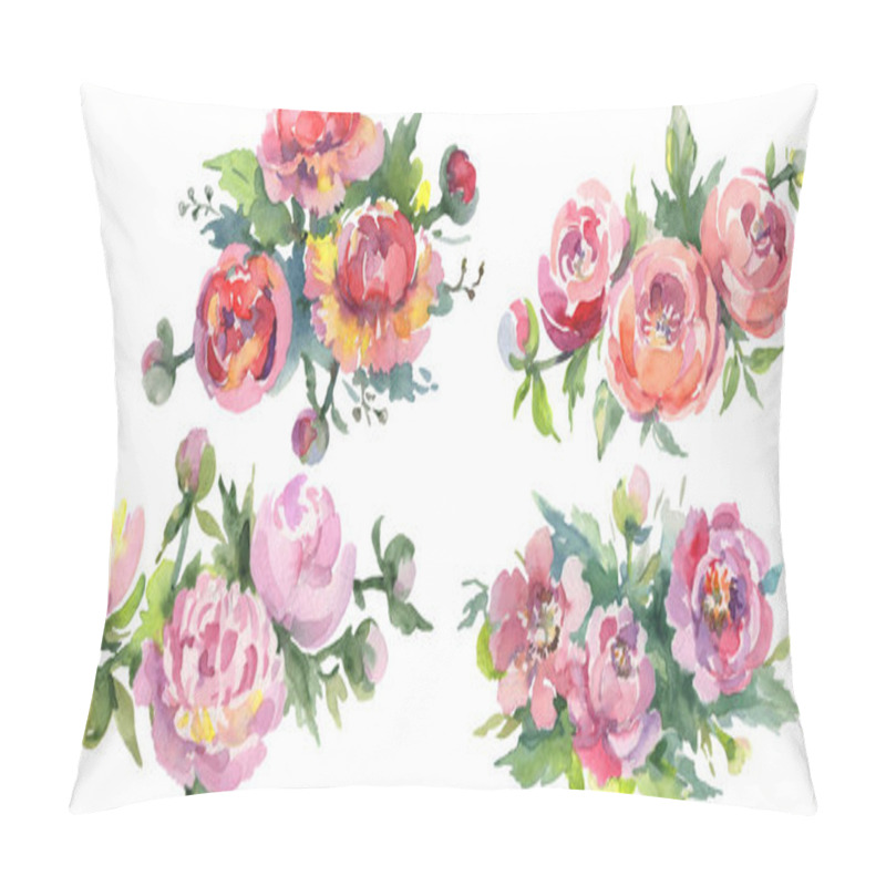 Personality  Bouquets of peonies with green leaves isolated on white. Watercolor background illustration set.  pillow covers