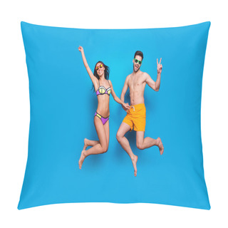 Personality  Full Length Portrait Of A Joyful Young Woman And Happy Man In Eyewear, Dressed In Swimsuit, Jumping And Putting Hands Up And Make V-sign Over Blue Background With Copy Space For Text Pillow Covers