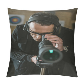 Personality  Man Looking Through Binoculars In Shooting Range Pillow Covers