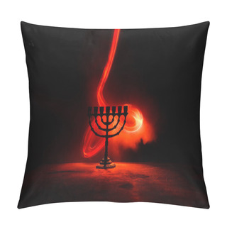 Personality  Low Key Image Of Jewish Holiday Hanukkah Background With Menorah On Dark Toned Foggy Background Pillow Covers
