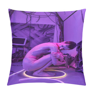 Personality  Futuristic Concept, Extraterrestrial Creature Near Computers In Neon-lit Experimental Laboratory Pillow Covers