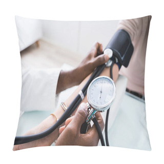 Personality  Close-up Of Doctor Measuring Patients Blood Pressure With Stethoscope Pillow Covers