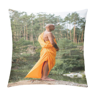Personality  Tattooed Buddhist In Traditional Orange Robe Meditating On Hill In Forest Pillow Covers