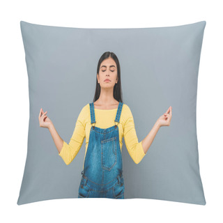 Personality  Pregnant Pretty Girl Meditating With Closed Eyes Isolated On Grey Pillow Covers