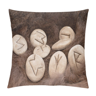 Personality  Stone Runes On A Fur. Futhark Viking Alphabet. Close Up Photo Of Norse Runes. Pillow Covers
