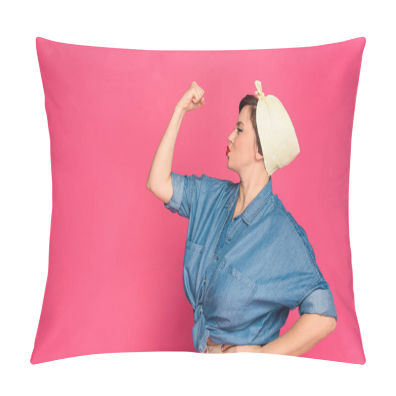 Personality  attractive size plus pin up woman showing muscles isolated on pink  pillow covers