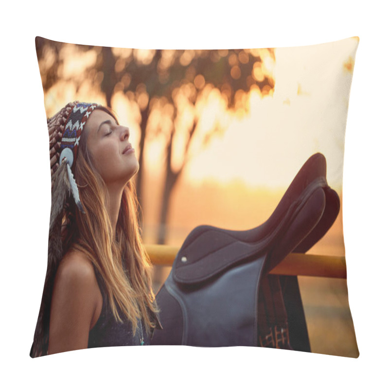 Personality  Beautiful Young American Indian girl.American Indian girl in native costume wearing headdress feathers of birds pillow covers