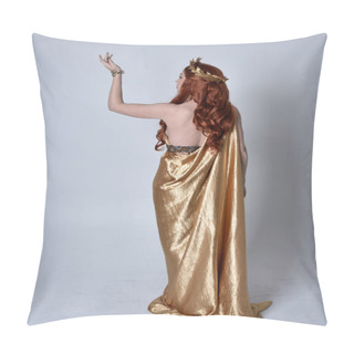 Personality  Full Length Portrait Of Girl With Red Hair Wearing Long Grecian Toga And Golden Wreath. Standing Pose With Back To The Camera,  Isolated Against A Grey Studio Background. Pillow Covers