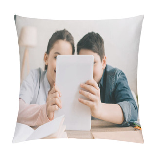 Personality  Brother And Sister Using Digital Together While Sitting At Desk With Books Pillow Covers
