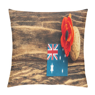 Personality  Panoramic Crop Of Australian Flag Near Artificial Flower And Cookie On Wooden Surface  Pillow Covers