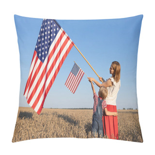 Personality  Large And Small American Flag In The Hands Of A Woman And A Child Standing In A Wheat Field Illuminated By Sunlight. Independence Day Of The United States Of America. Pride, Freedom, National Symbol Pillow Covers