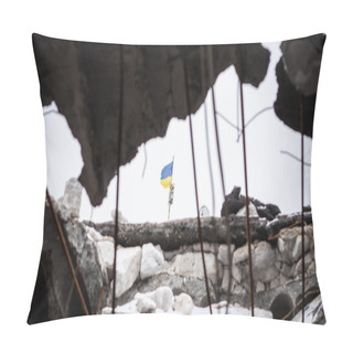 Personality  Ukrainian Flag Visible From The Hole In The Ceiling Of The Destroyed School In The De-occupied Village Of Kherson Region. The Realities Of War In Ukraine Pillow Covers