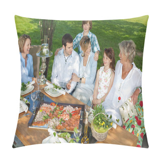 Personality  Happy Family Sitting Together In The Garden Pillow Covers